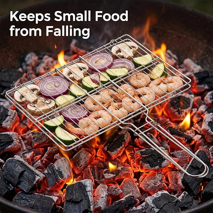 Stainless Steel Fish Grill Basket for Outdoor BBQ, Heavy Duty Lockable Grilling Rack for Fish Vegetables Steak Veggies Shrimp Meat, Portable Campfire Cooking Mesh Grate Tool, 12 x 8 Inch