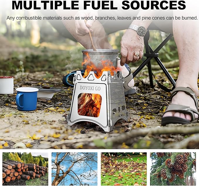 Portable Camping Wood Stove - DOYOXIGO Folding Wood Burning Stove Stainless Steel Camp Stove, Lightweight Backpacking Stove for Outdoor Hiking Camping Traveling Picnic BBQ