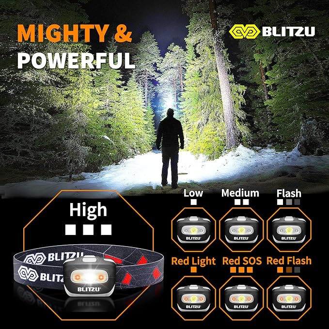 BLITZU LED Headlamp Flashlight for Adults & Kids, Lightweight, Waterproof Head Lamp with White & Red Light, Comfortable Headband, Perfect for Running, Camping, Hiking, 3 AAA Batteries Included, Black