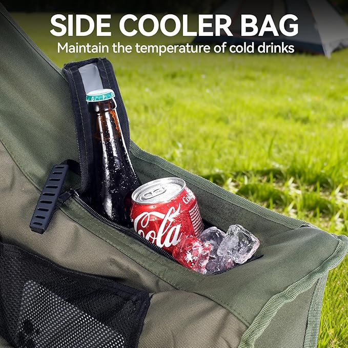Oversized Camping Chair Padded Camping Chairs Heavy-Duty Foldable Camping Chairs with Cup Holder and Cooler Bag Portable Lawn Chair for Sports Outdoors-Support 450LBS, Green