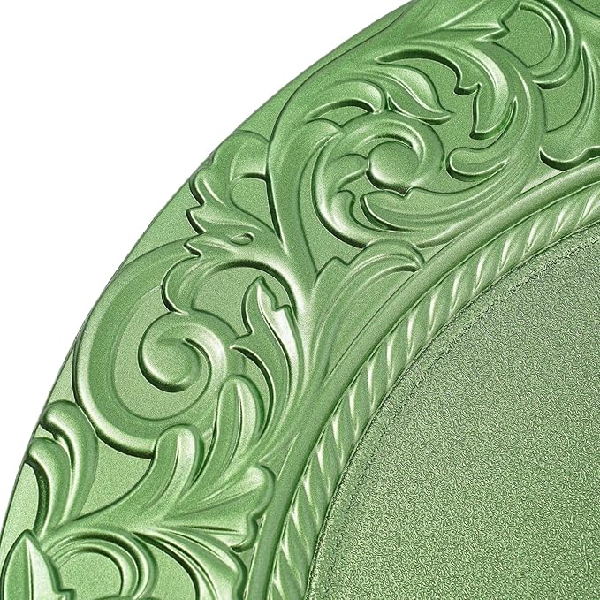 100 Pcs Green Charger Plates Bulk, 13" Antique Round Charger Plates Set, Plastic Embossed Decorative Chargers Floral Dinner Plate for Christmas Wedding Party Event Decor (Green)