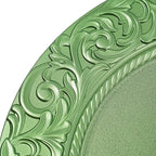 100 Pcs Green Charger Plates Bulk, 13" Antique Round Charger Plates Set, Plastic Embossed Decorative Chargers Floral Dinner Plate for Christmas Wedding Party Event Decor (Green)