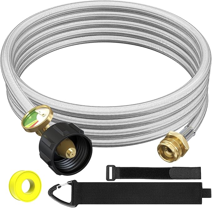 12FT Stainless Braided Propane Adapter Hose with Gauge, Propane Tank Hose Adapter 1lb to 20lb Converter for QCC1/Type1 Coleman Camp Stove, Buddy Heater, Tabletop Grill&More 1lb Portable Appliance