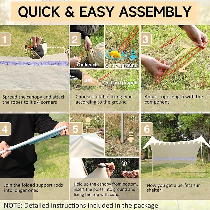 VILLEY Beach Tent Sun Shelter with UPF50+ Protection for 5 Person, 8x7FT Portable Sun Shade with 2 Stability Poles and 4 Sandbags, Outdoor Beach Canopy for Camping, Picnics, Fishing, Outdoors(Khaki)