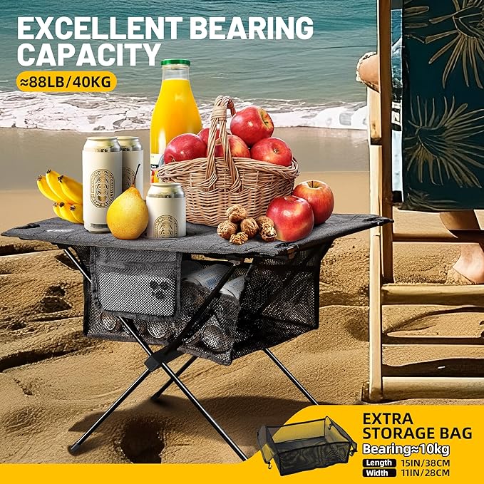 ZUNE LOTOO Portable Camping Table Folding, Small Beach Table Foldable with Drink Holder & Mesh Storage & Carry Bag Compact Camp Tent Side Table for Picnic Tailgate Travel Outdoor Fishing Backpacking