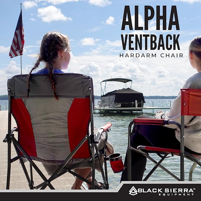 Black Sierra Camping Chair – Folding Portable Lawn & Beach Chair with Padded Hard Armrest, Mesh Vented Back, Spacious, Cup Holder, Carry Bag – Supports 300 lbs for Sports