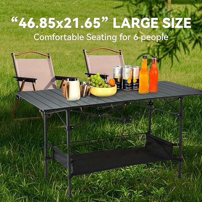 Foldable Camping Table(46.8"x21.6"x27.56") - Roll-Up Portable Design with Carry Bag | Ideal for Camping, Beach, Backyard BBQ, Picnic & Indoor-Outdoor Use (Large)