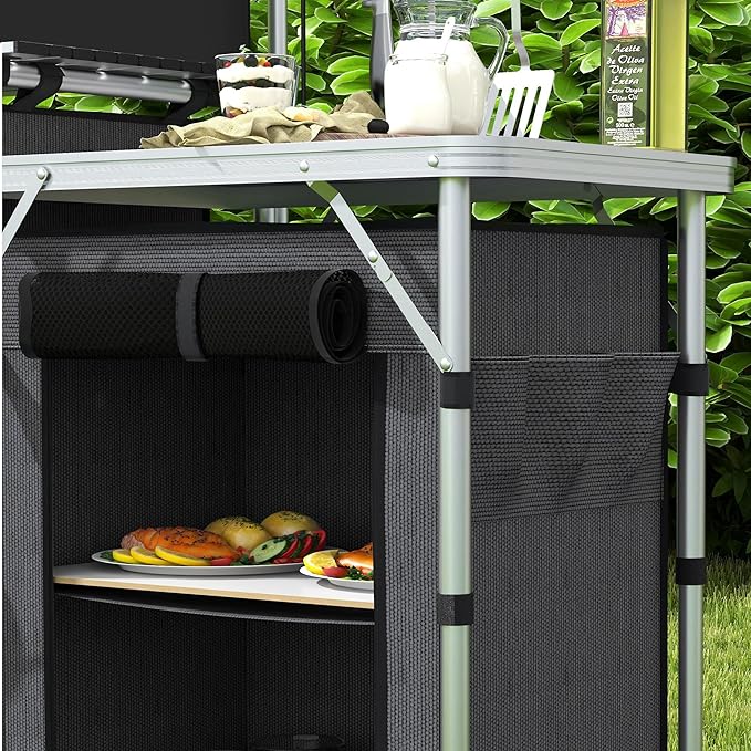 Outsunny Camping Kitchen Table, Portable Folding Camp Kitchen, Aluminum Cook Station with 3 Fabric Cupboards, Windshield, Carrying Bag for BBQ, RV, Picnic, Black