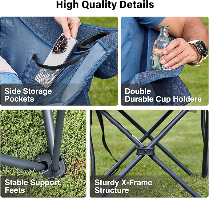 2 Pack Oversized Camping Chair, Portable Folding Padded Camp Chairs with Side Pocket, Cup Holder, Heavy Duty Support 500LBS Outdoor Lounge Chair for Adults, Fishing, Sports, Navy Blue