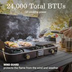 Coleman 1900 Collection 3-in-1 Propane Camping Stove, Cast Iron Grill & Griddle Accessories Included, 24,000 BTUs Across 2 Adjustable Burners with Wind Guards & Matchless Lighting