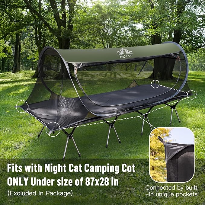 Night Cat Pop-up Mosquito Tent: 1 Person Camping Tent with Bug Screen Net Easy Set-up Tent Fits for Camping Cot (Excluded)