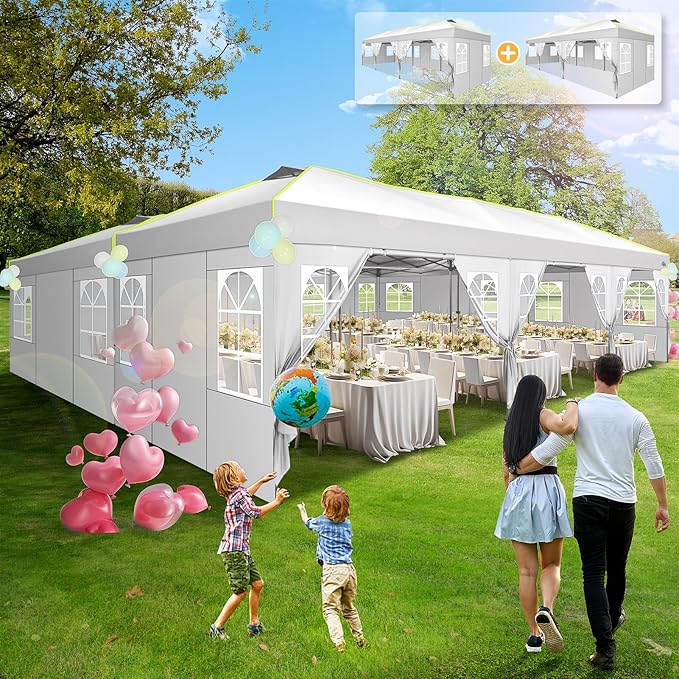 COBIZI 10x30 Pop Up Canopy Tent, Wedding Party Tent with 8 Sidewall One Push Setup Glow, 3 Adjustable Height Air Vent Waterproof UPF50+, Wheeled Bag, Sandbag, Stake, Rope for Commercial, Outdoor