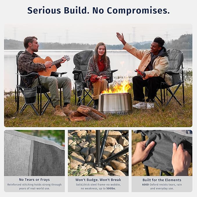 East Oak Oversized Camping Chair | 500LBS Support, 600D Oxford, Cup Holder & Side Pocket | Heavy Duty Camping Chairs | Ideal for Camping, Beach, Sports Events, Backyard & Tailgating | Gray