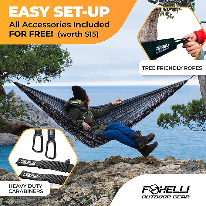 Foxelli Camping Hammock – Ultralight Hammock for Backpacking, Hiking, Festivals, Travel - Easy Setup with Tree-Friendly Ropes & Steel Carabiners, Heavy Duty Parachute Nylon