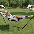 Double Hammock with Stand - Heavy Duty 450lbs Capacity, Portable Cotton Hammock for Two Adults, Indoor & Outdoor Use with Travel Bag, Black&White Stripe Pattern