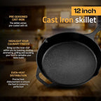 Utopia Kitchen Premium Cast Iron Skillets 12 Inch, Chef's Pan, Pre-Seasoned Frying Pan, Stovetop, Oven, Campfire and Grill Large Skillet, Even Heat Distribution Multipurpose Cast Iron Pan - Black