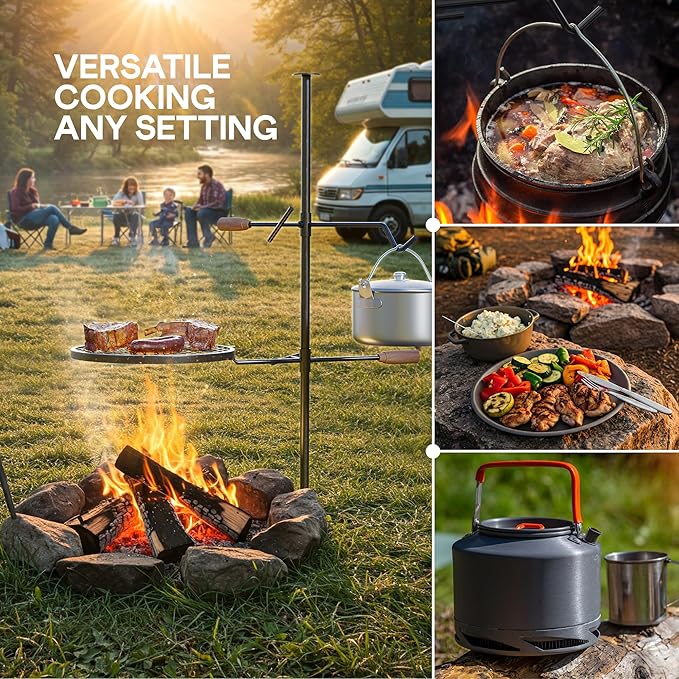 IDZO Swivel Campfire Grill – Heavy Duty Fire Pit Grill Grate, 360° Adjustable Steel Cooking Rack for Open Fire, Portable Outdoor BBQ Campfire Grate for Camping, Hiking, Backyard & Survival Cooking
