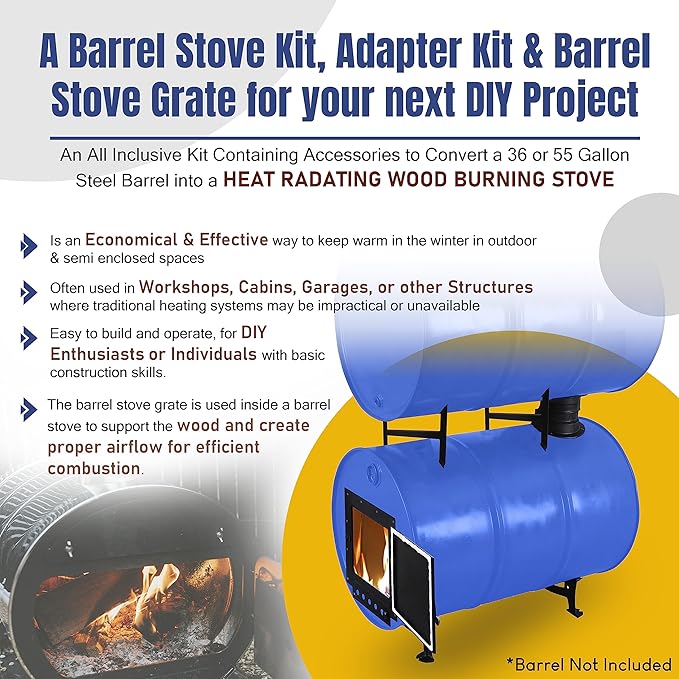 Double Barrel Stove Kit – Perfect For 30 to 55 Gal Drum Wood Stove Kit - Heavy Duty Steel Barrel Camp Stove Kit w/Stove Door - DIY Oil Barrel Stove Kit Heat for Winters in Workshop, Cabin, Garage