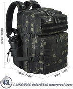LHI Military Tactical Backpack for Men and Women 45L Army 3 Days Assault Pack Bag Large Rucksack with Molle System - Black CP