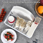 Paper Plate Organizer, Metal Silverware Caddy with 6 Compartments for Knives, Spoons, Cups, Forks, Napkins, Utensil Holder for Party, Camping, Picnic, White