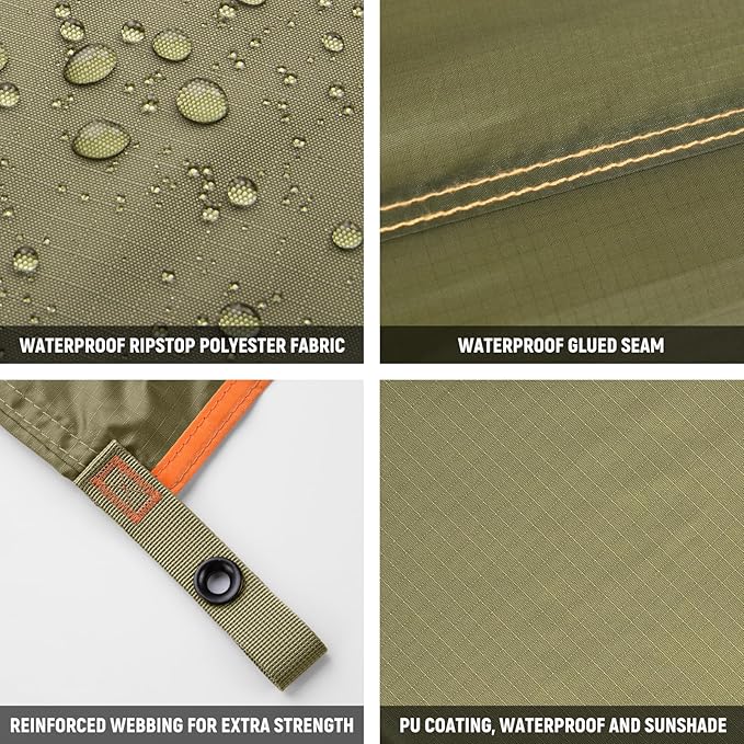 Waterproof Camping Tarp 10 x 10ft Survival Tent Backpacking Portable Tarp Multifunctional Anti-UV Shelter for Outdoor (Olive Green)
