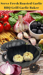 Garlic Roaster, Pre-Seasoned Cast Iron Garlic Roaster Oven Baker and Garlic Presses Set for Kitchen, Pumpkin Soup Pot Casserole, BBQ Grill Garlic Roasted Baker Tool for Outdoor BBQ Camping