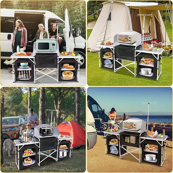 Nice C Camping Table, Storage Camping with Solar Panels Camping Kitchen Table, Upgrade Light Stand and 3 Organizers