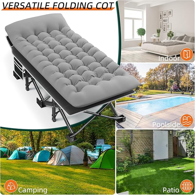 Portable Camping Cot, 32" Extra Wide Camping Cots for Adults with Thick Mattress, Heavy Duty Sleeping Cot Holds Up to 600LBS, Cots for Sleeping, Rv, Beach, Patio, Office Naps 2Pcs (Grey)