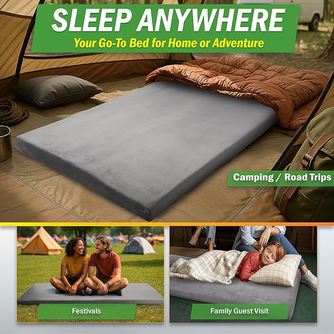 Memory Foam Camping Mattress - 3.5-Inch Thick Sleeping Pad for Camping Gear - Dual-Layer Roll Up Portable Bed for Car, Truck, Camp Tent, Cot Mattress, or Sleepover Guests by Wakeman Outdoors (Gray)