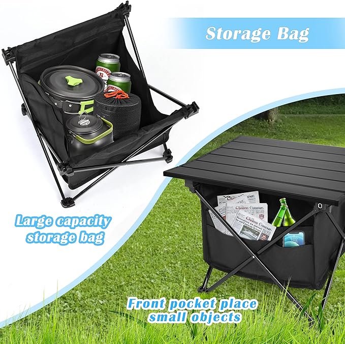 Portable Folding Aluminum Alloy Camping Table with High-Capacity Storage and Carry Bag, Small Size, for Camping, Traveling, Hiking, Fishing, Beach, BBQ,Black