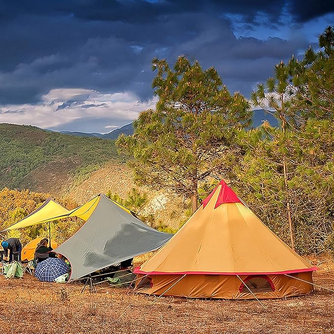 Round Bell Tent, 4m Bell Tent with Zippered Mesh Door and Windows Outdoor Waterproof Large Tent Canvas Yurt Tent 3-10 Persons Family Camping Tent Glamping,Portable Foldable Tent Easy to Install