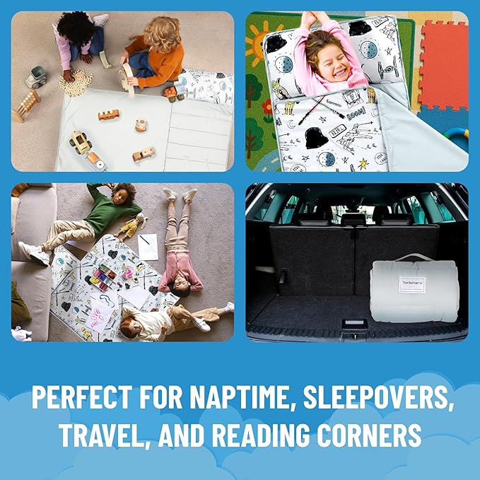 Jay Franco Kids Nap Mat with Embedded Pillow & Blanket – Soft 46"x20" Microfiber Sleeping Bag with Name Tag & Handle for School, Travel, Sleepover