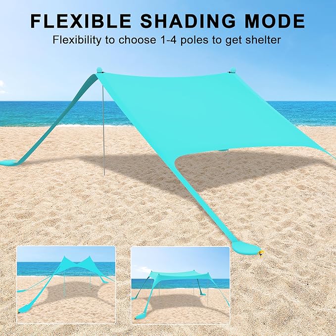 ihuan Beach Tent Sun Shelter 10X10FT UPF50+ with 4 Aluminum Foldable Poles, Easy Setup Outdoor Shade Canopy for 8 Person, Camping Sun Shelter for Fishing, Family Trips, Backyard Picnics