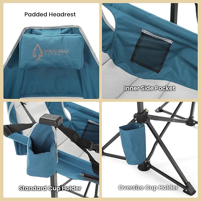 Arrowhead Outdoor Folding Hammock Camp Chair with Detachable Footrest, Stabilized Feet, Padded Headrest and Seat, Large Cup Holders, 300 LBS Weight Capacity, for Camping, Beach, Tailgating