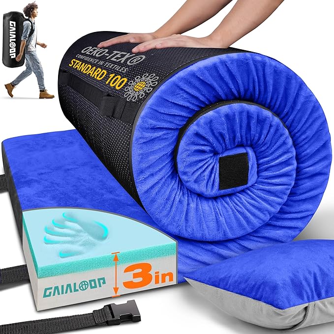 3 Inch Memory Foam Camping Mattress, Dual Layer Thick Sleeping Camp Pad for Car Tent Cot, Roll-Up Portable Glamping Floor Bed for Guests Sleepover