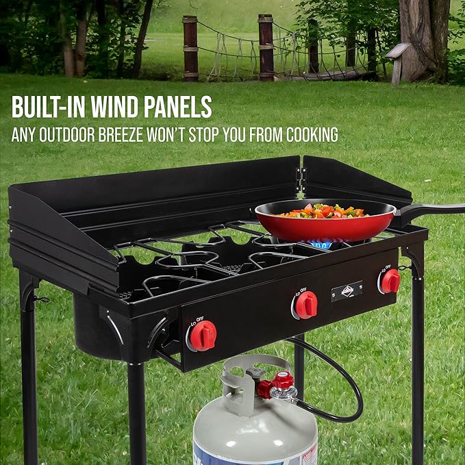 Hike Crew Cast Iron 3-Burner Outdoor Gas Stove | 225,000 BTU Portable Propane Cooktop w/Blue Flame Control, Removable Legs, Temperature Control Knobs, Wind Panel, Hose, Regulator & Storage Carry Case