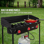 Hike Crew Cast Iron 3-Burner Outdoor Gas Stove | 225,000 BTU Portable Propane Cooktop w/Blue Flame Control, Removable Legs, Temperature Control Knobs, Wind Panel, Hose, Regulator & Storage Carry Case