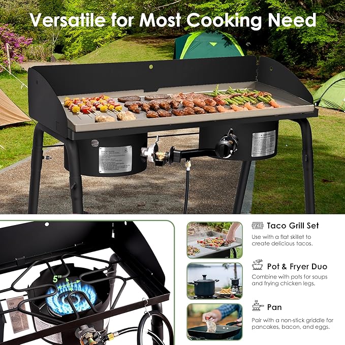 Red Mountain Valley Two Burner Outdoor Portable Camping Gas Stove with Removable Legs, Carrying Bag and Windshield, Camping Stove Propane for Cooking, CSA Certified, Outdoor Propane Burner