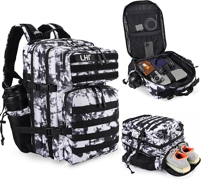 LHI Military Tactical Backpack for Men and Women 45L Army 3 Days Assault Pack Bag Large Rucksack with Shoe Compartment - Blue