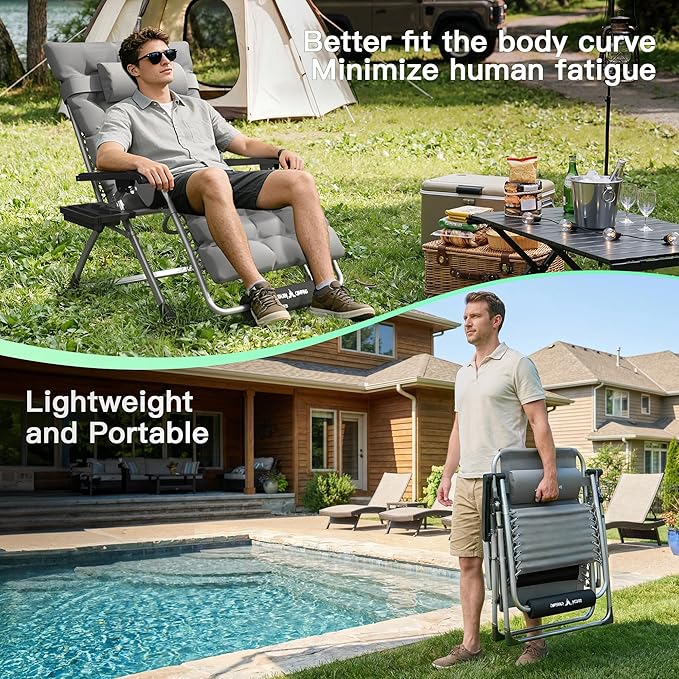 Amopatio Oversized Zero Gravity Chair, Reclining Camping Lounge Chair Upgraded Lock and Footrest, Cup Holder, Removable Cushion & Headrest Folding Patio Recliner for Indoor Outdoor