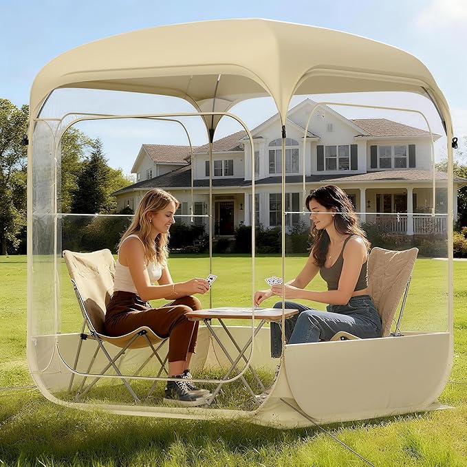 Instant Pop-Up Bubble Tent, 6x6ft Transparent Outdoor Shelter with top Cove, 360° View, All-Weather & Windproof for Camping, Beach, Backyard, Events (4-6 Person,Beige)