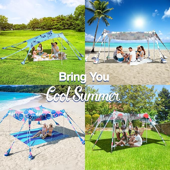 Rhino Valley Beach Tent Shade Canopy UPF50+ Protection, 8 Sandbags, 4 Stability Poles, Outdoor Sun Shelter Umbrella for Sand, Camping, Fishing Essentials