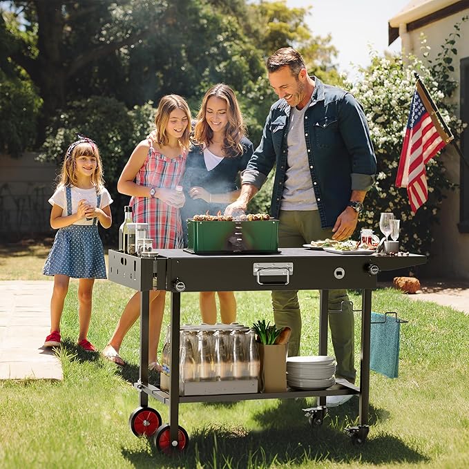Portable Grill Table Cart with Wheels Foldable Blackstone Griddle Stand for 17"/22" Griddles, Ninja Woodfire Grill & Weber, Outdoor BBQ Prep Table with Storage Shelf Caddy for Camping, Tailgating