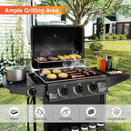 Happygrill 3 + 1 Burner Propane Gas Grill, 39,000 BTU Outdoor Cooking Grill w/Storage Shelves & Porcelain-Enameled Grates, Portable BBQ Grills on Wheels w/Thermometer for Backyard, Camping & Picnic