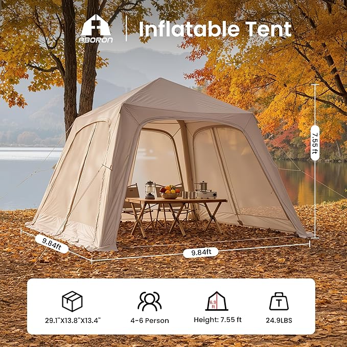 ABORON 2/6/8/10/12 Person Inflatable Camping Tent, Easy Setup Blow Up Tent with Hand Pump, PU3000mm Waterproof & Breathable 4 Season Glamping Tent for Outdoor Camping