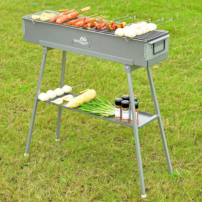 WILLBBQ Charcoal Grills Commercial Quality Portable Hibachi BBQ Lamb Skewer Folded Camping Barbecue Grill for Backyard Outdoor Cooking Use (31.6x7.1x5.1 inch With Accessories)