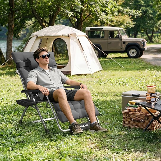 Amopatio Oversized Zero Gravity Chair, XL 29In Reclining Camping Lounge Chair w/Removable Cushion&Headrest, Upgraded Lock and Footrest, Folding Patio Recliner for Indoor Outdoor, Dark Grey