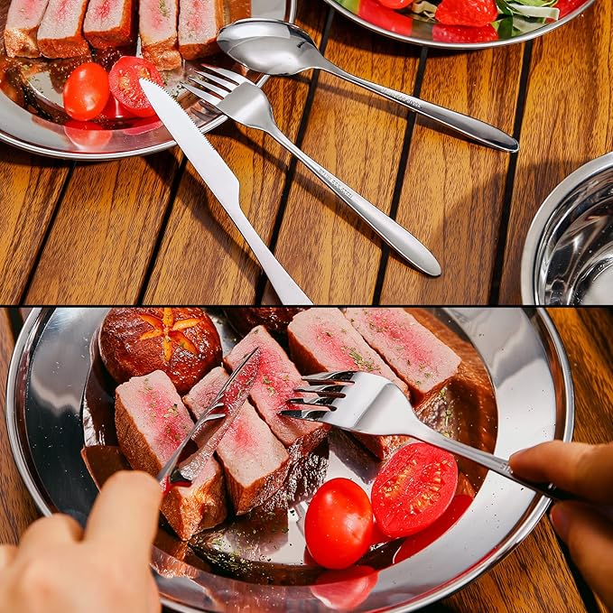 Odoland 29pcs Stainless Steel Utensils Camping Mess Kits with Bowls Plates Cups Forks Spoons and Knives for 4, Cutlery Flatware Set for Backpacking, Outdoor Camping Hiking and Picnic