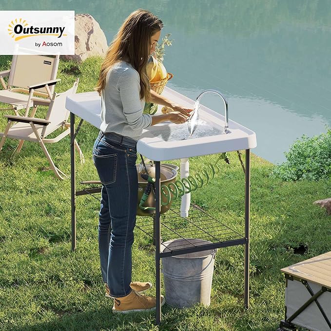 Outsunny Folding Fish Cleaning Table, Portable Camping Sink Station with Faucet, Drainage Hose, Sprayer, Grid Rack and Knife Groove, Outdoor Fillet Table for Picnic Beach Patio, White