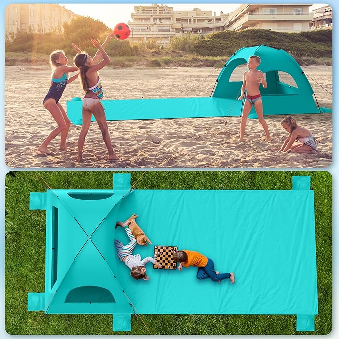 Beach Tent Sun Shelter with Extended Sand Mat 114×82inch，UPF 50+ Protection, 3 Double-Layer Windows for Enhanced Privacy; Portable Beach Shade, 3-4 People. Windproof and Waterproof